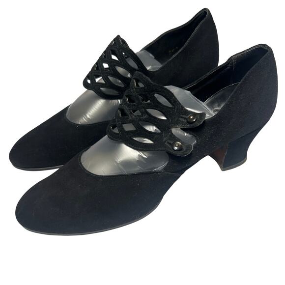 Vintage 30s Black Lattice Strap Heels Button Close Leather Sole Shoes Size 6.5 - Picture 1 of 11